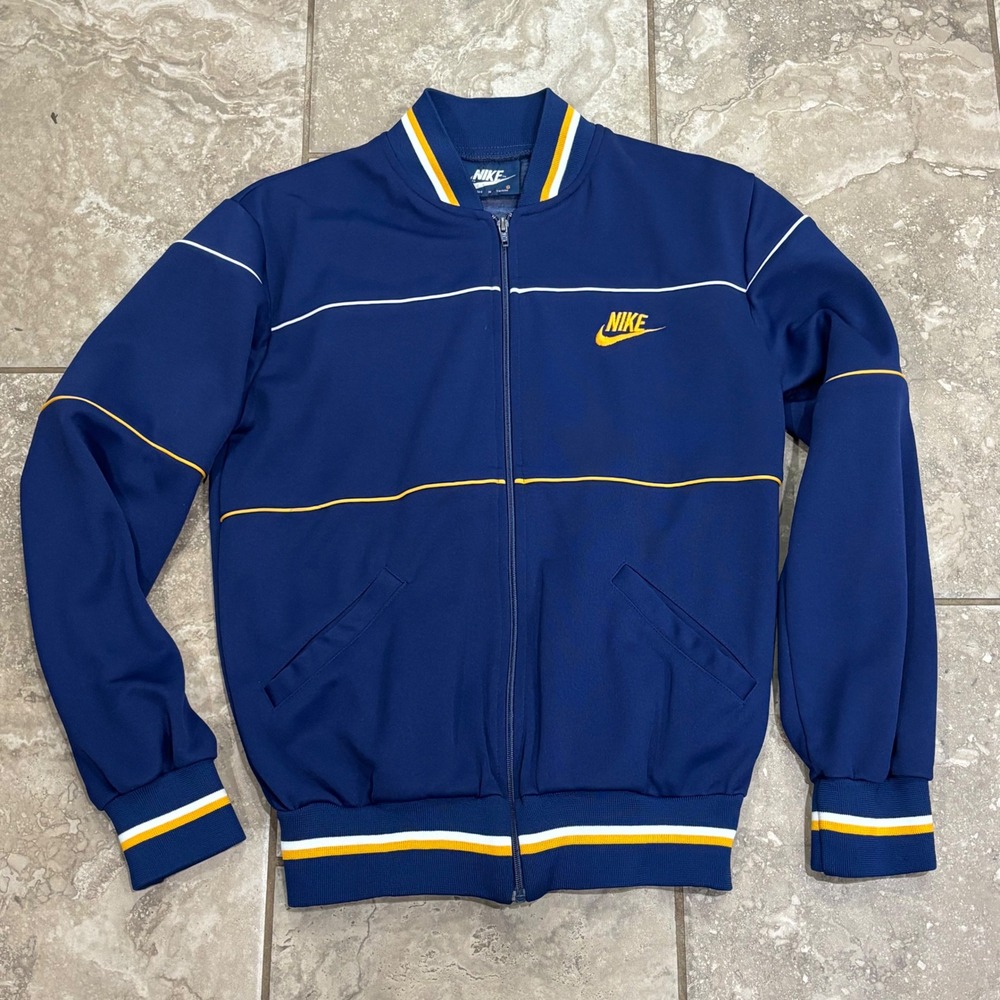Vintage 80s Nike Track Jacket Navy Blue Yellow White Stripe Full Zip Mens Small